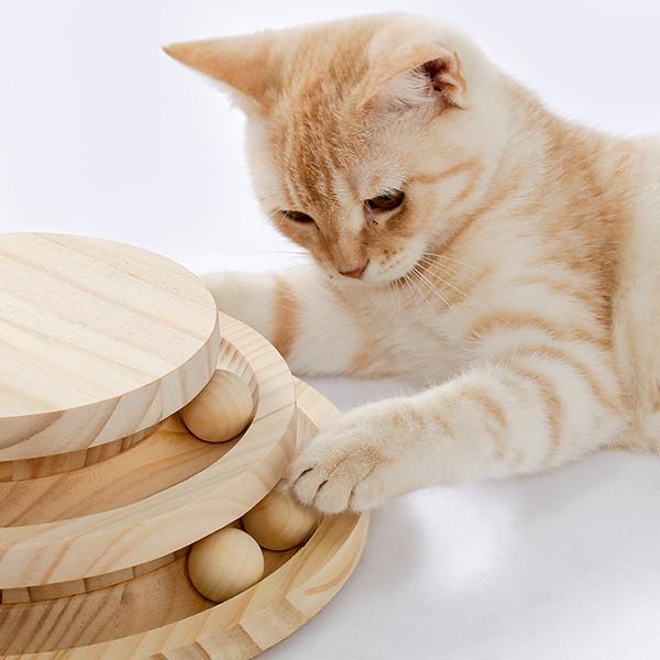 Wefulfil indoor cat scratching board and interactive wooden ball toy with stacked circular tracks and playful orange kitten