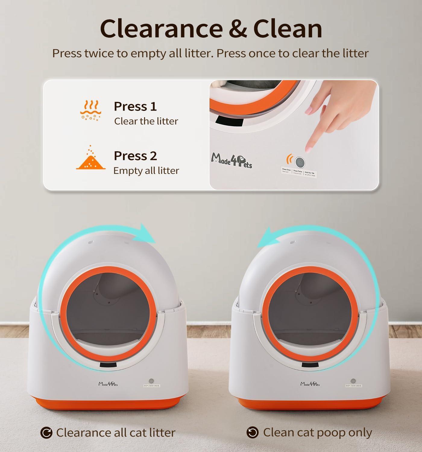 Wefulfil Infrared Sensor Cat Litter Box white orange automatic dome showing two modes press once for clean or twice to empty