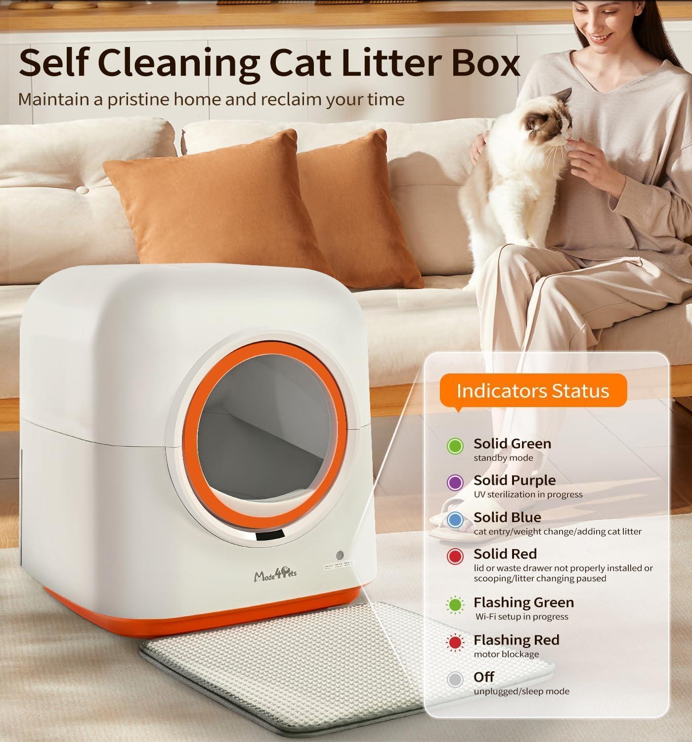 Wefulfil Infrared Sensor Cat Litter Box self cleaning white unit with orange trim and indicator status panel