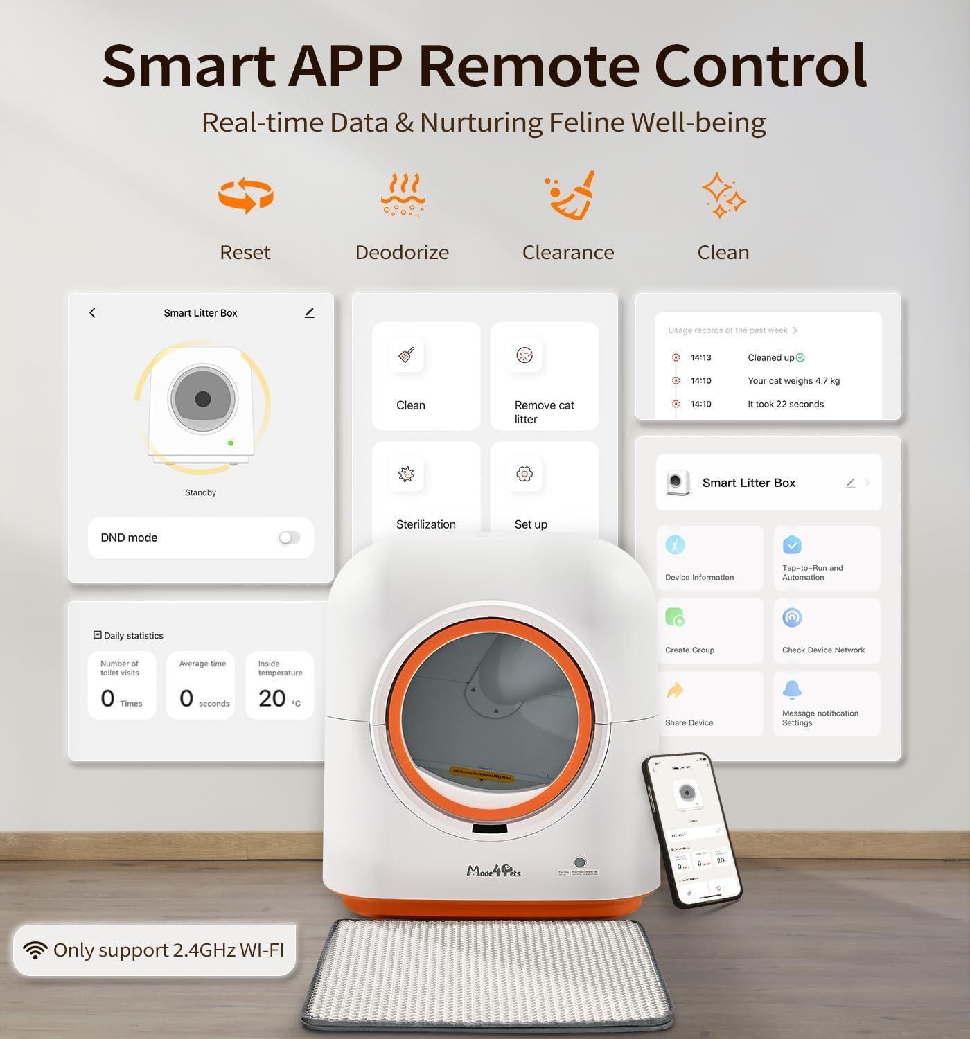 Wefulfil Infrared Sensor Cat Litter Box smart automatic white and orange unit with app remote control and smartphone