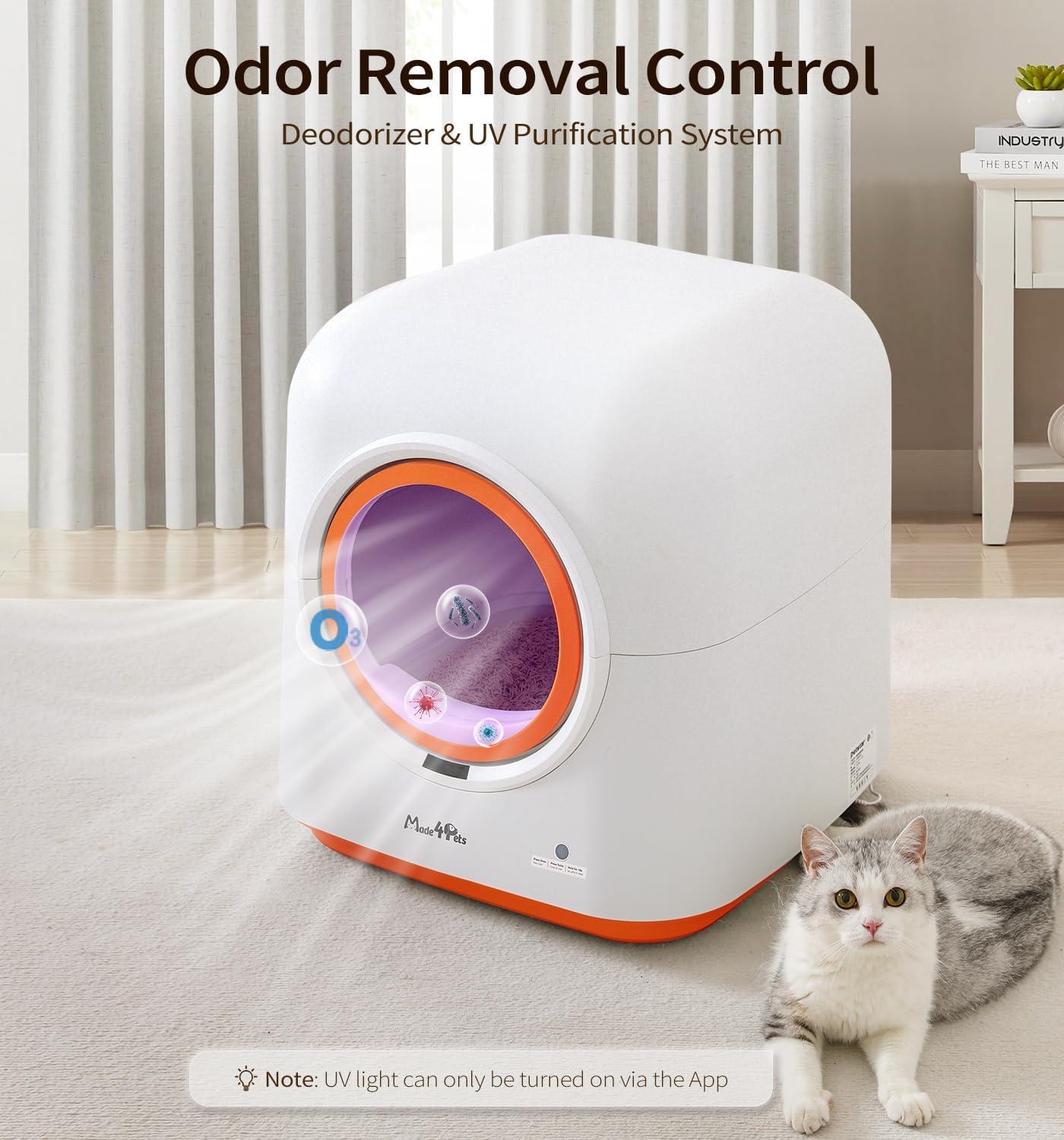 Wefulfil Infrared Sensor Cat Litter Box white cube automatic with orange rim UV deodorizer and cat nearby
