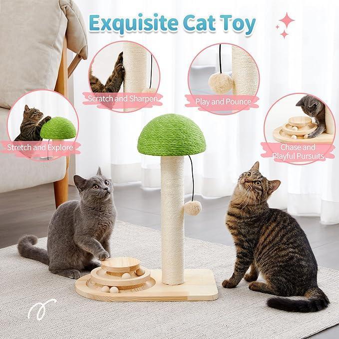 Wefulfil Wooden Scratching Post mushroom design with green top sisal covered post and wooden ball track for cats