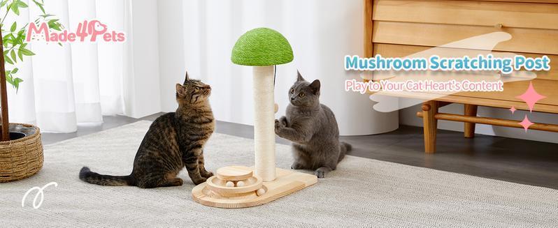 Wefulfil Wooden Scratching Post mushroom design with toy base shown with two cats playing