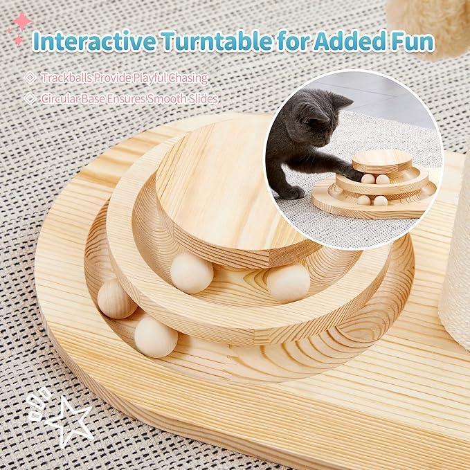 Wefulfil Wooden Scratching Post featuring natural wood turntable with sliding balls for playful cats