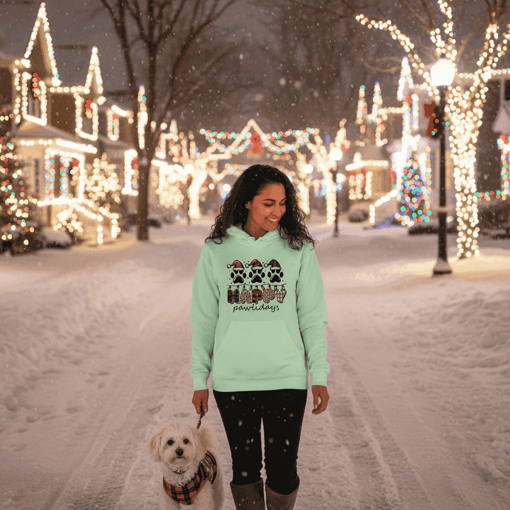 Mint Green Happy Pawlidays Hoodie Christmas Lifestyle