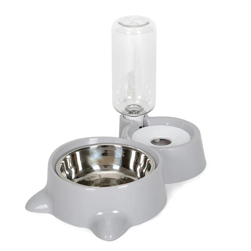 Wefulfil grey dual pet bowl with stainless steel food bowl and bottle gravity dispenser automatic pet water fountain