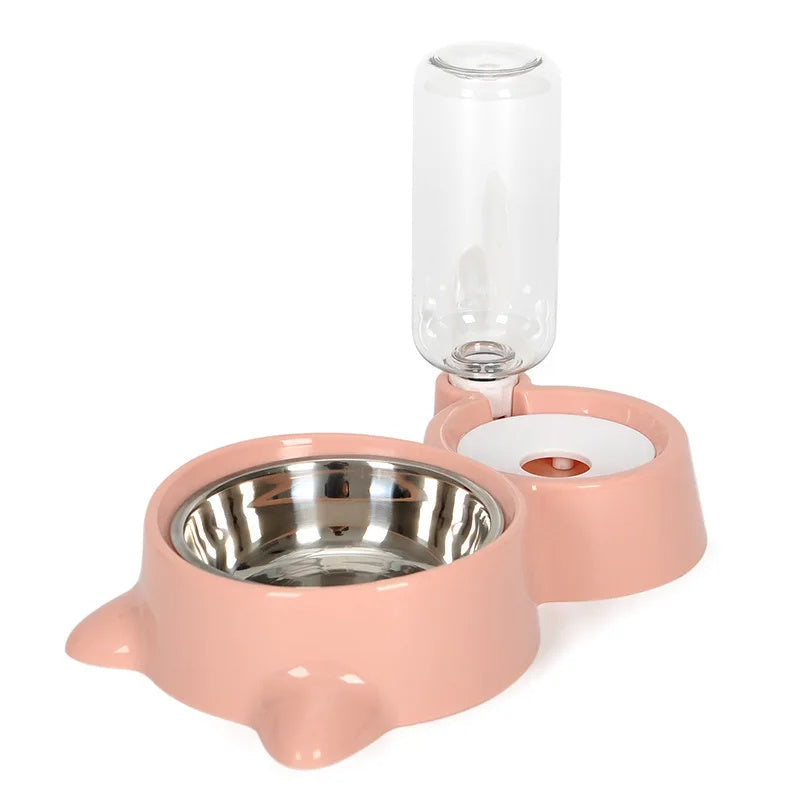 Wefulfil pink dual pet bowl with stainless steel food dish and bottle automatic pet water fountain