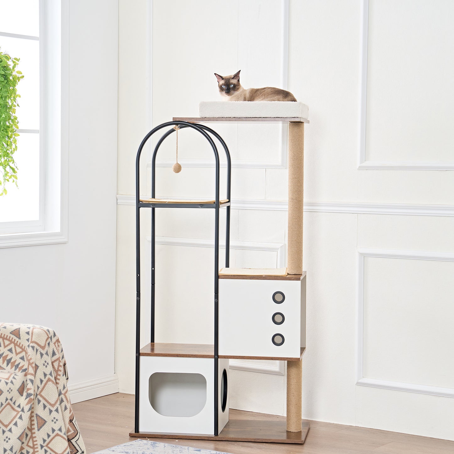 Wefulfil Modern Arched Cat Tree Tower with multi-level platforms and cozy hideout for cats