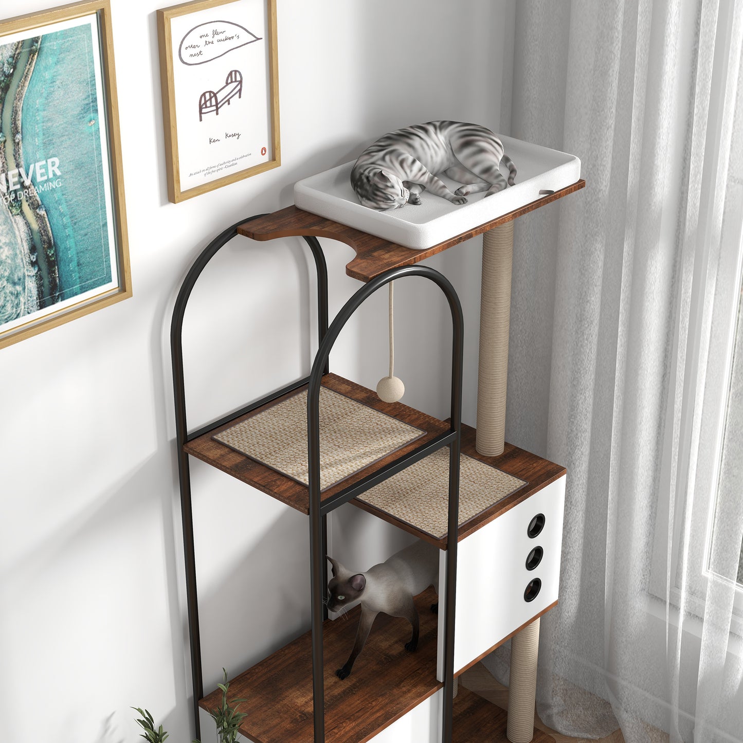 Wefulfil Modern Arched Cat Tree Tower with multi-level platforms and cozy resting areas for cats