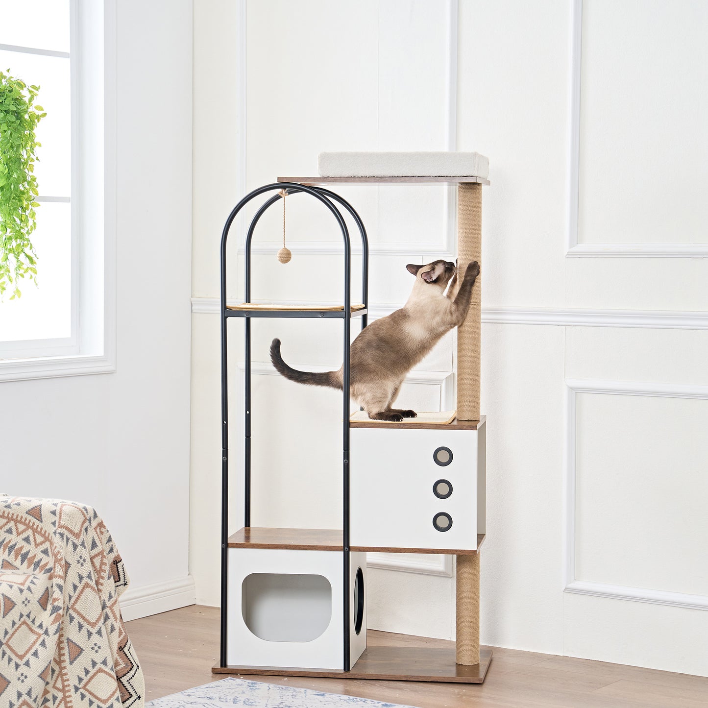 Wefulfil Modern Arched Cat Tree Tower with beige scratching posts and black metal frame in bright living room