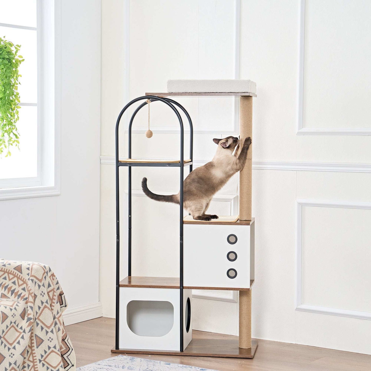 Wefulfil Modern Arched Cat Tree Tower with beige scratching posts and black metal frame in bright living room