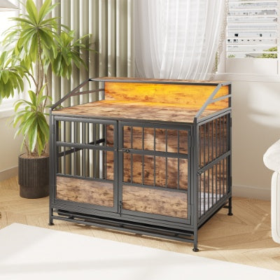 Wefulfil Furniture Style Dog Crate with rustic wood panels and metal frame for pet safety