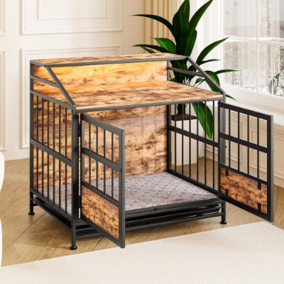 Wefulfil Furniture Style Dog Crate with wood panels and black metal frame in a bright living room