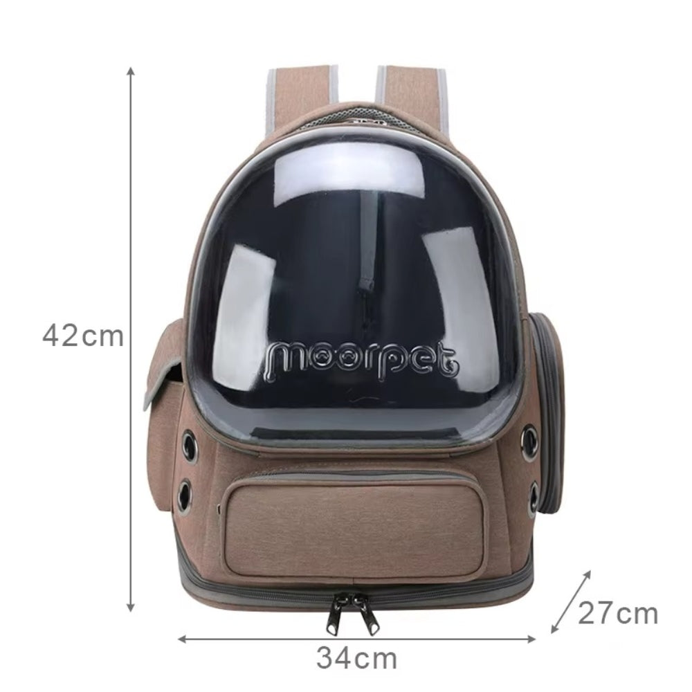 Purrfect Pet Haven breathable cat backpack carrier with clear bubble window brown fabric side ventilation ports