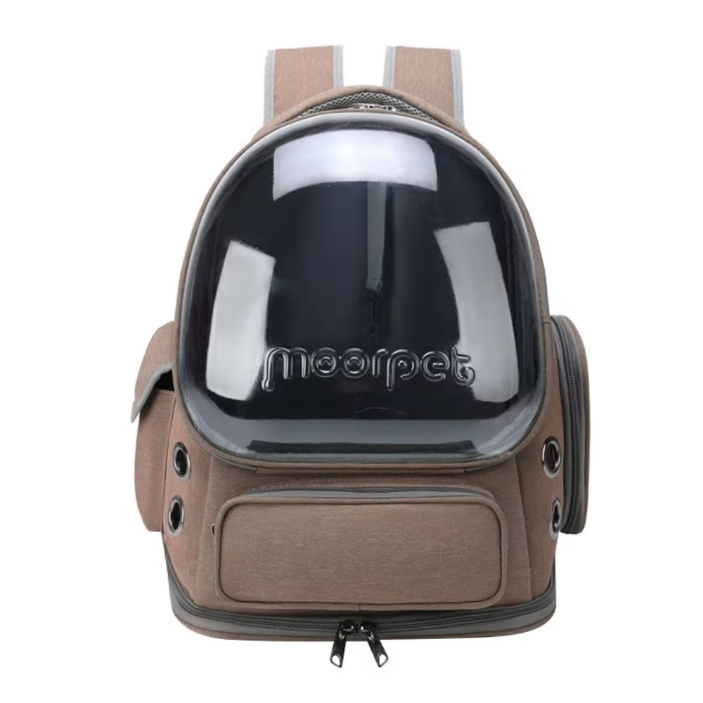 Purrfect Pet Haven breathable cat backpack carrier brown canvas with clear bubble window and side ventilation