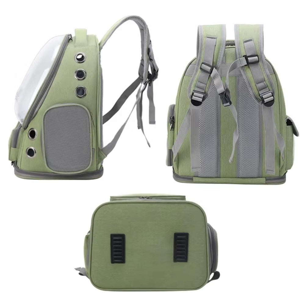 Purrfect Pet Haven green breathable cat backpack carrier with clear bubble window side vents and padded adjustable straps