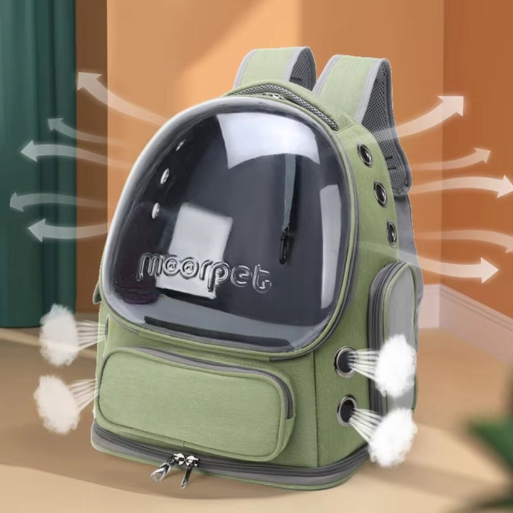 Purrfect Pet Haven green transparent dome breathable cat backpack carrier with side vents padded straps and front pocket