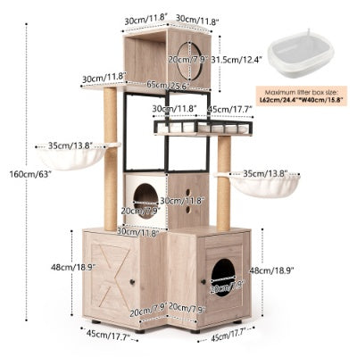 Wefulfil multi-functional cat tree with wooden finish, multiple platforms, cubby holes, and scratching posts