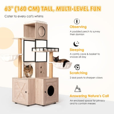 Wefulfil multi-functional cat tree 63 inches tall with multi-level platforms, cozy caves, scratching posts, and observation perch