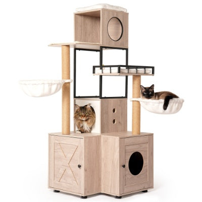 Wefulfil multi-functional cat tree with beige wood finish, multiple platforms, cozy beds, and two cats resting