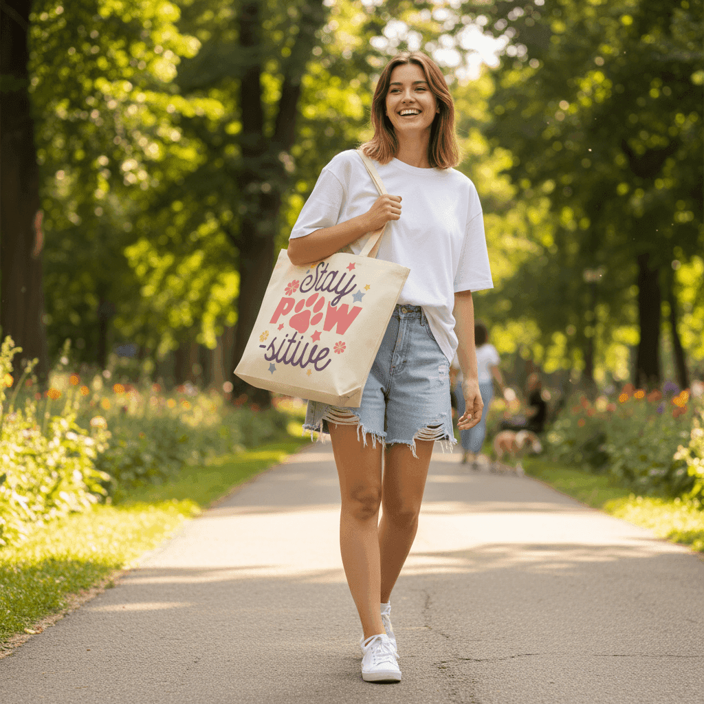 Stay Pawsitive Tote Bag with Paw Prints for Pet Lovers - Purrfect Pet Haven