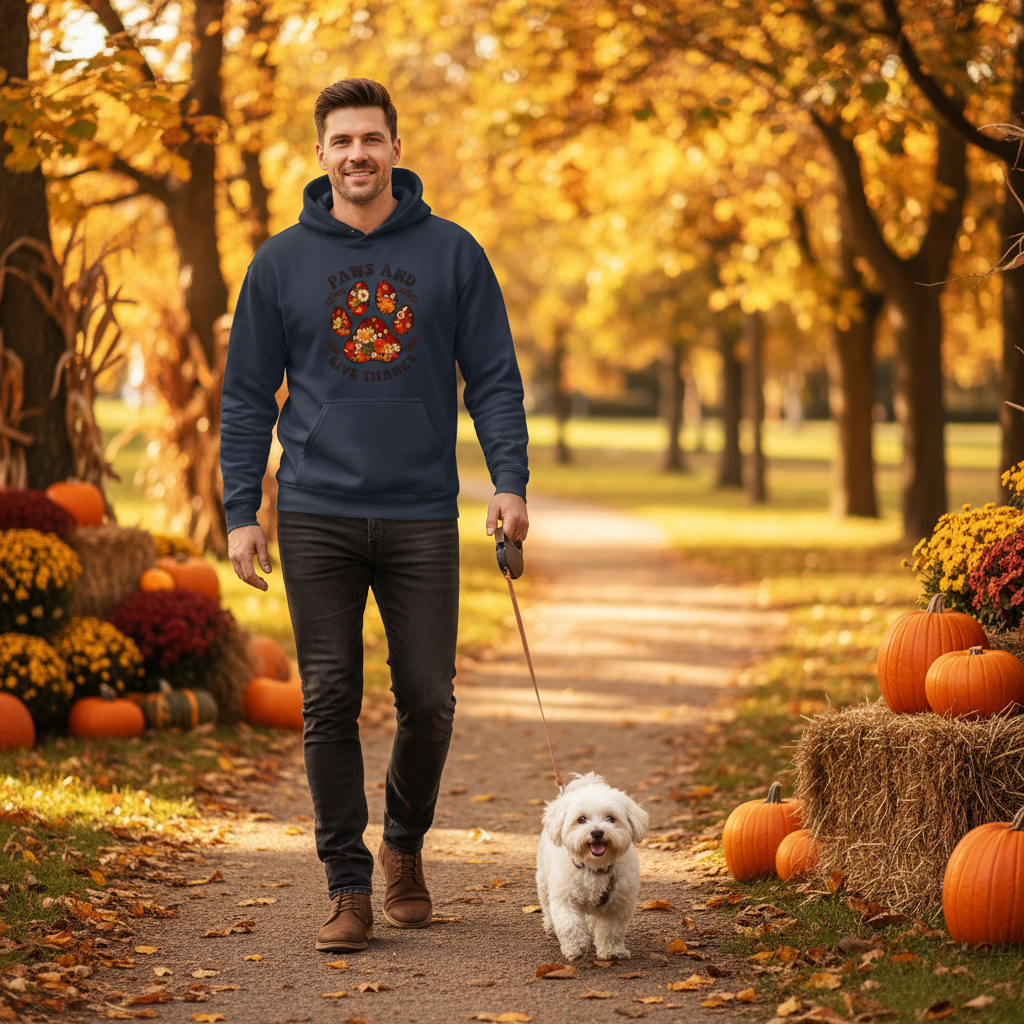 Navy Paws and Give Thanks Hoodie Thanksgiving Lifestyle