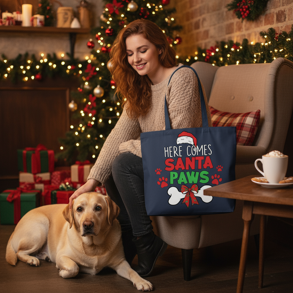 Navy Santa Paws Tote Christmas Lifestyle