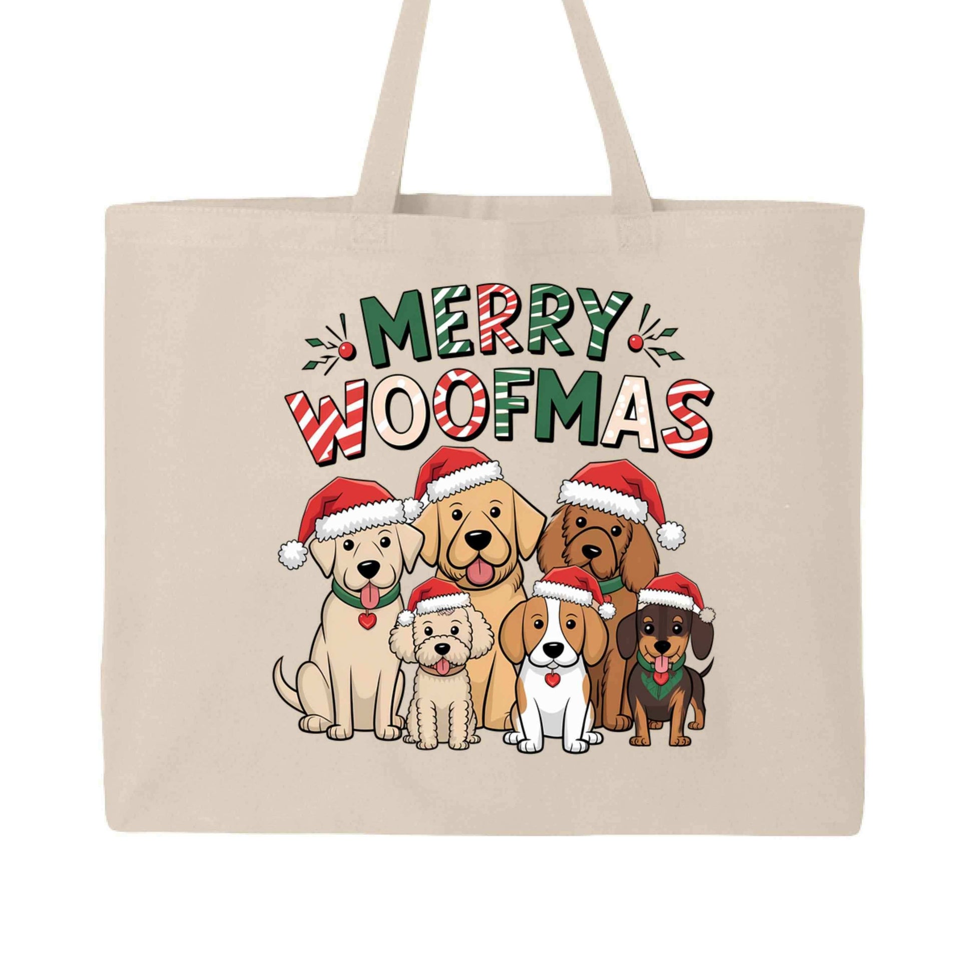 Merry Woofmas Holiday Tote with Festive Dogs - Canvas Gift Bag - Purrfect Pet Haven
