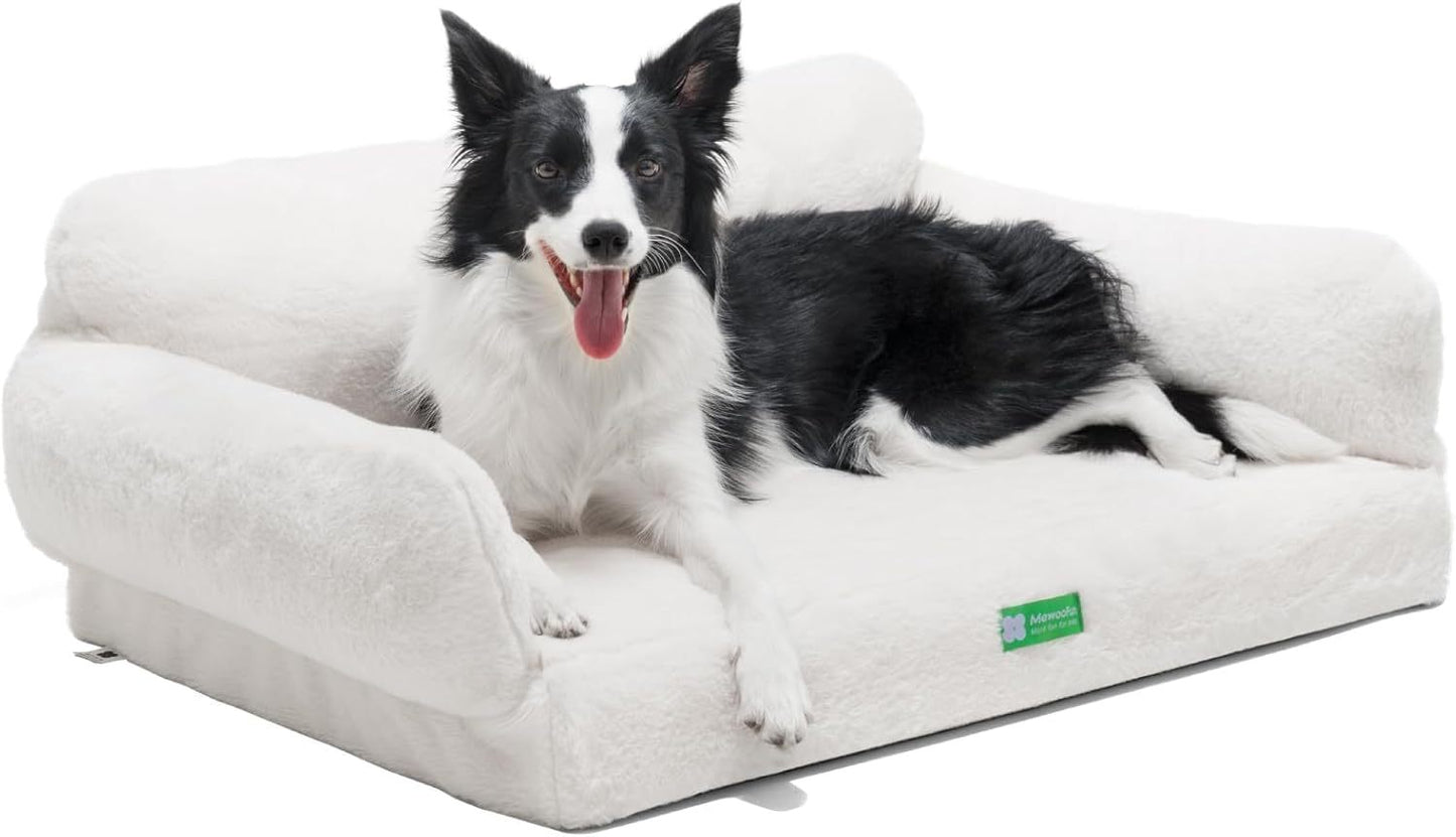 Black and white Border Collie relaxing on a white Orthopedic Egg Foam Sofa pet bed
