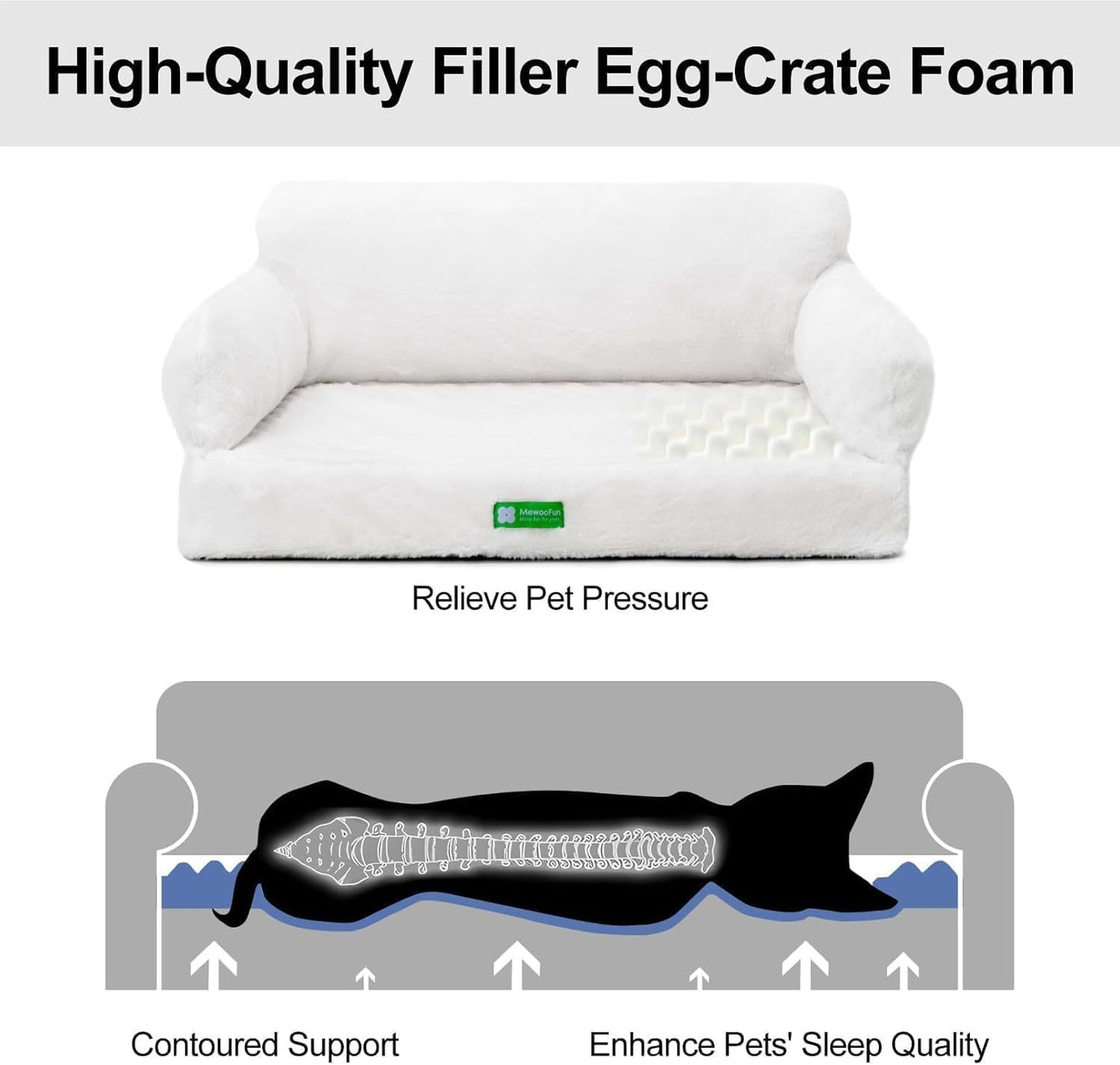 White orthopedic egg foam sofa for pets with contoured support and pressure relief features