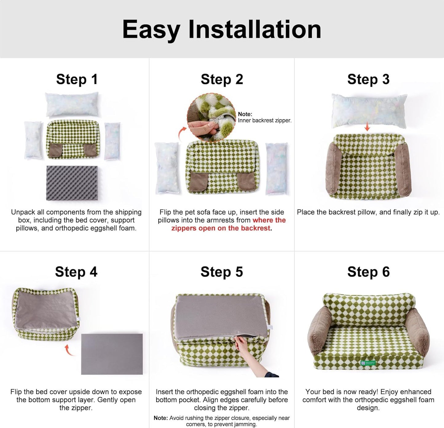 Step-by-step easy installation guide for Orthopedic Egg Foam Sofa pet bed with cover, pillows, and foam