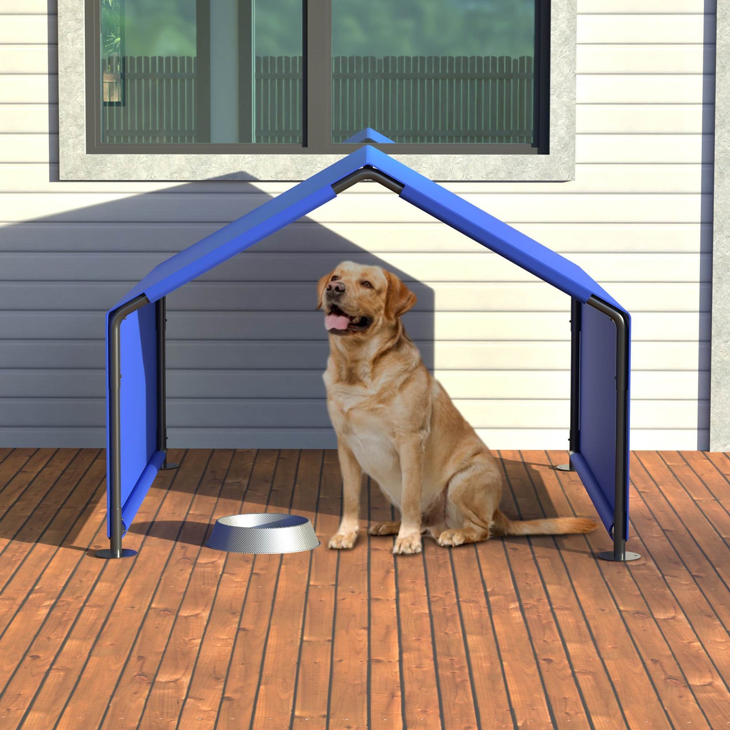 Wefulfil Outdoor Waterproof Dog Shade providing shelter for a sitting golden retriever on wooden deck