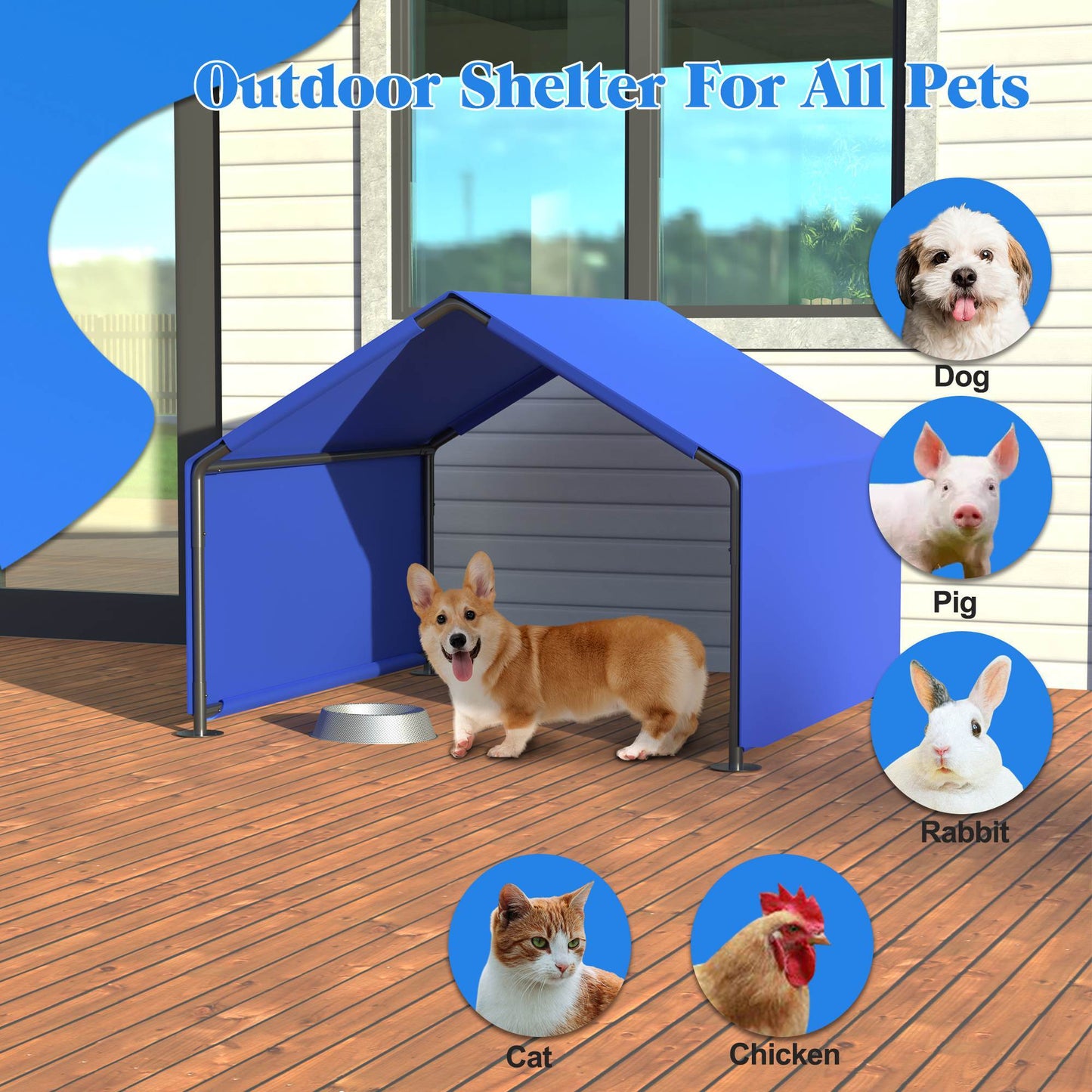 Wefulfil Outdoor Waterproof Dog Shade providing shelter for dogs and other pets on wooden deck