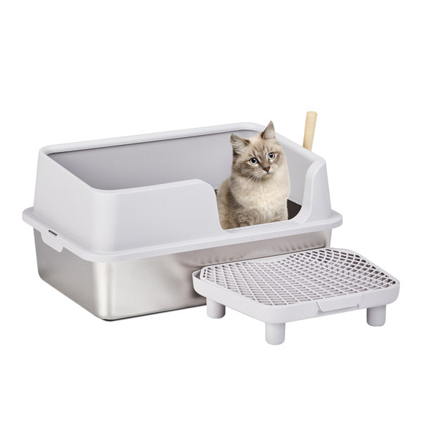 Wefulfil Cat Litter Box with Scoop white hooded design stainless base removable sifting grate and scoop