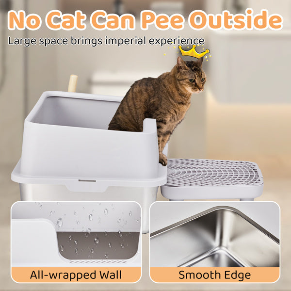 Wefulfil Cat Litter Box with Scoop in white open top with high wrapped walls smooth edges grid mat and tabby cat