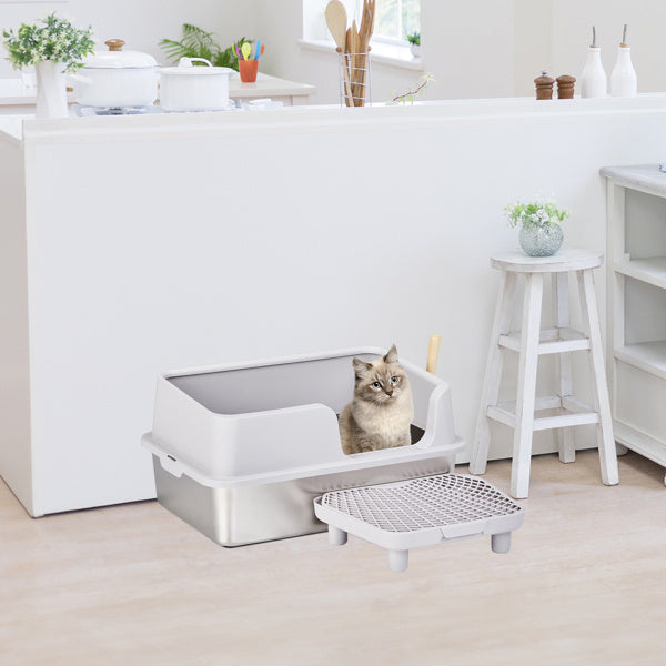 Wefulfil Cat Litter Box with Scoop stainless base high side walls detachable top and textured litter mat in modern kitchen