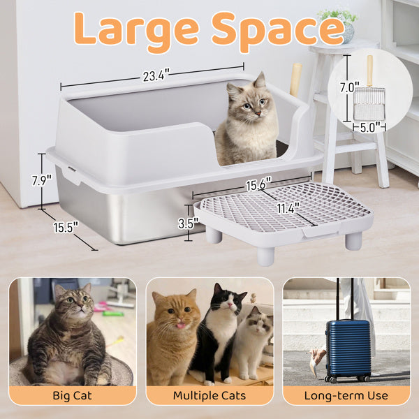 Wefulfil large Cat Litter Box with Scoop stainless base open top entry and step grid for big or multiple cats