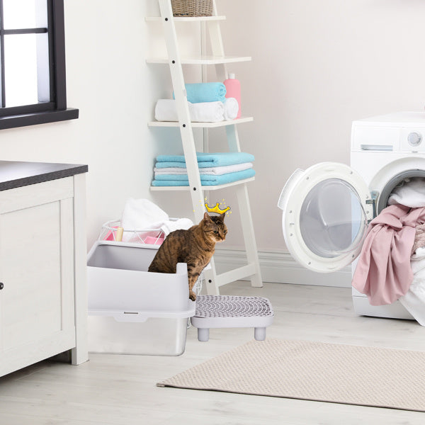 Wefulfil Cat Litter Box with Scoop in bright laundry room with brown tabby cat stepping out beside washer