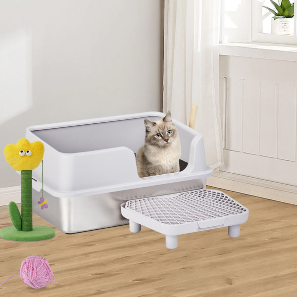 Wefulfil Cat Litter Box with Scoop high sided white litter box with sifting step tray and seated cat