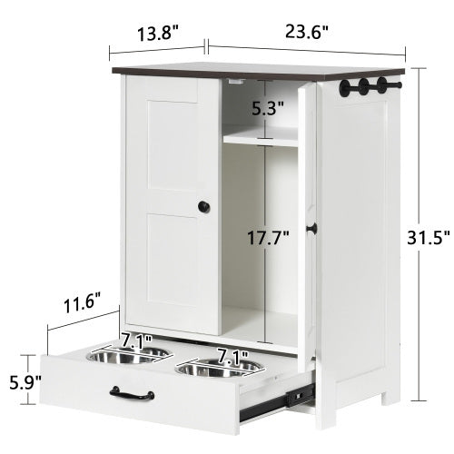 Wefulfil adjustable dog feeding station white cabinet with pull out dual stainless bowls and storage shelves