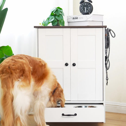 Wefulfil adjustable dog feeding station white cabinet with pullout drawer and stainless bowls being used by a golden retriever