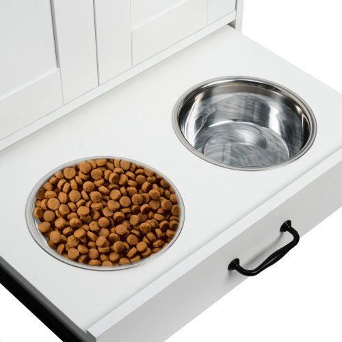 Wefulfil adjustable dog feeding station with pull out white drawer and two stainless steel bowls kibble and water