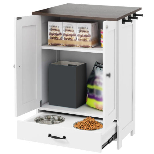 Wefulfil adjustable dog feeding station white cabinet with pull out double bowls and storage shelves