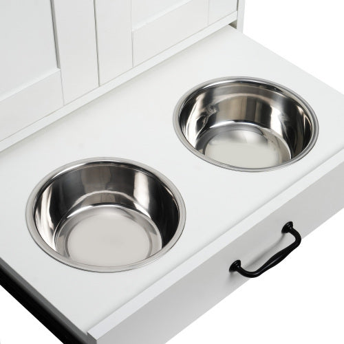 Wefulfil adjustable dog feeding station with two stainless steel bowls in a white pull out drawer