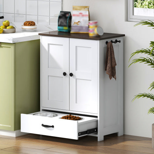 Wefulfil adjustable dog feeding station white farmhouse cabinet with dark top and pull out bowl drawer