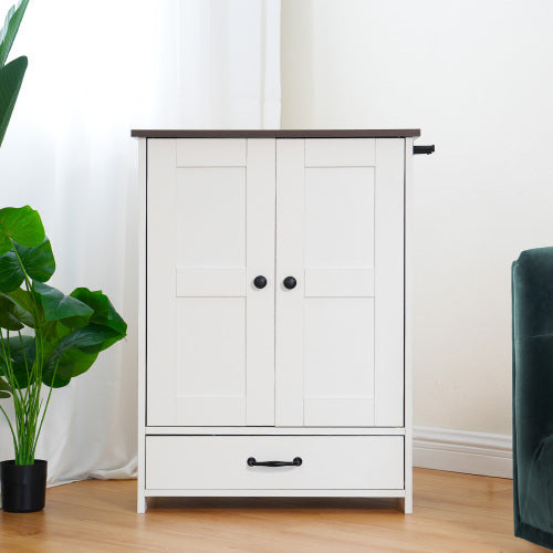 Wefulfil white wooden cabinet style adjustable dog feeding station with double doors and drawer