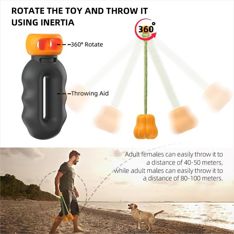 Wefulfil indestructible dog rope toy with 360 rotate throwing aid orange paw end and black handle for long beach fetch