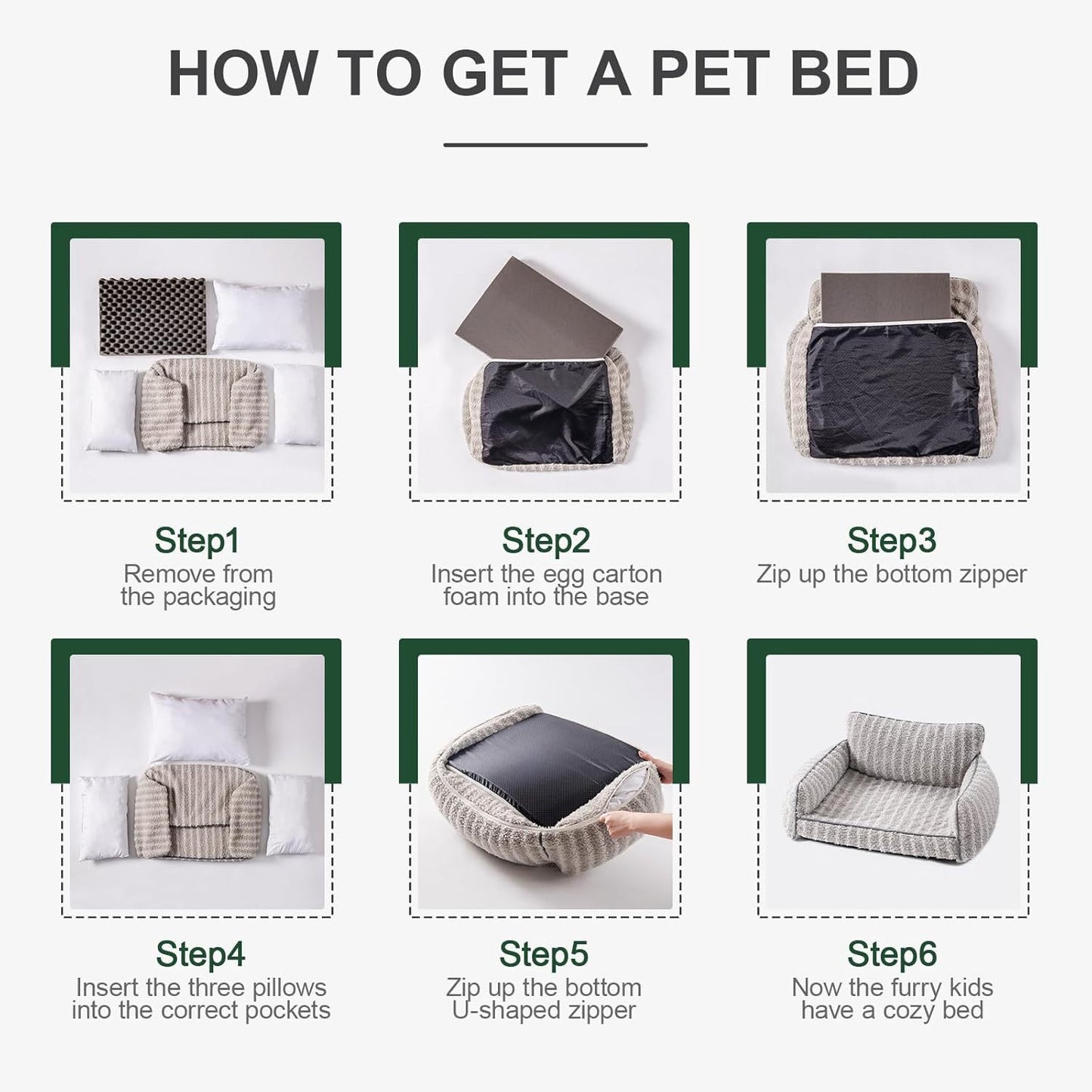 Wefulfil Orthopedic Pet Sofa assembly infographic showing six steps inserting foam and pillows zipping cover to form cozy bed