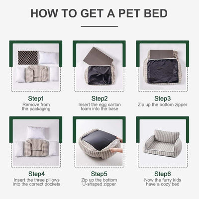 Wefulfil Orthopedic Pet Sofa assembly infographic showing six steps inserting foam and pillows zipping cover to form cozy bed