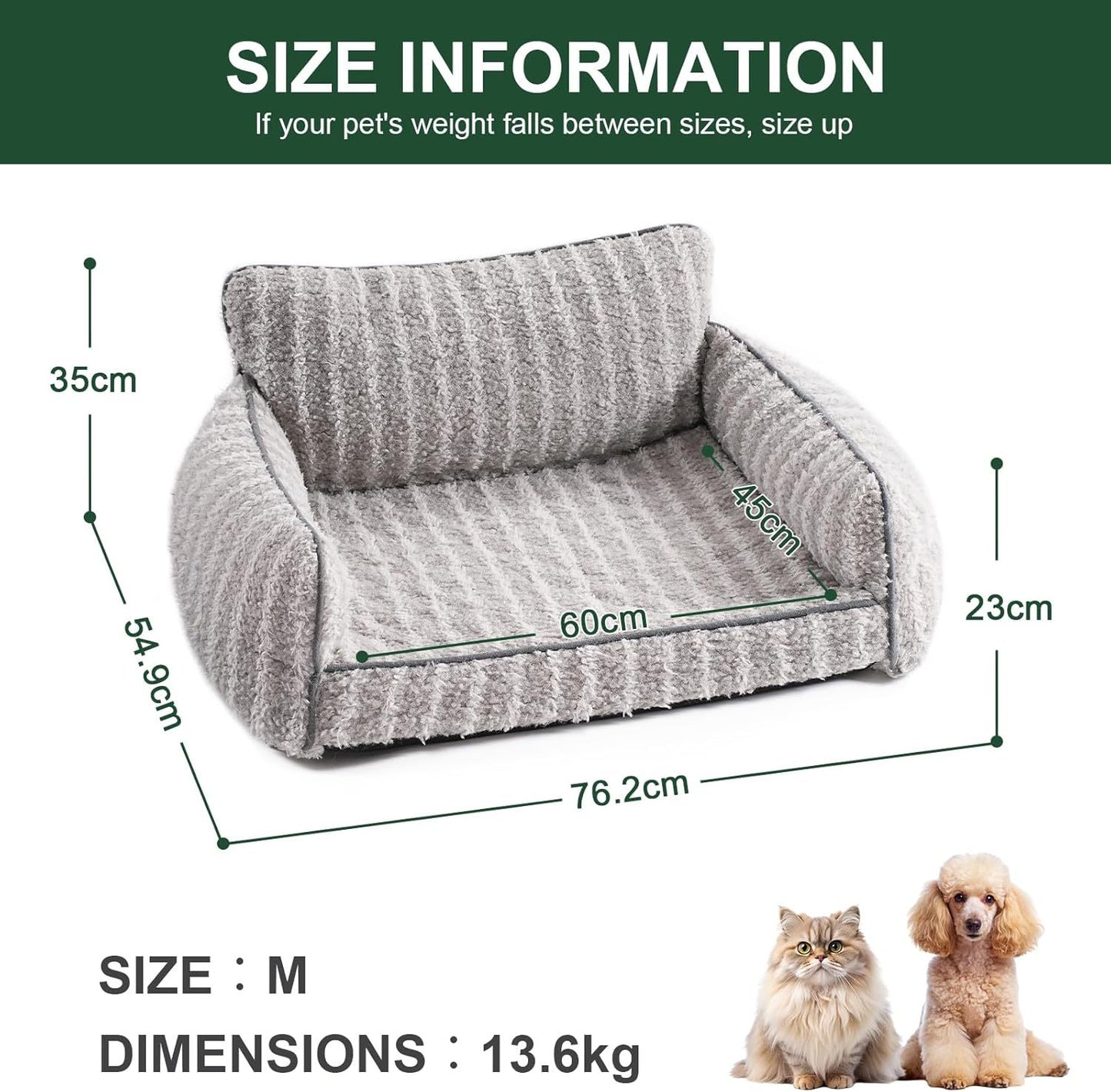 Wefulfil Orthopedic Pet Sofa gray plush bolstered bed with measurements shown and cat and dog models
